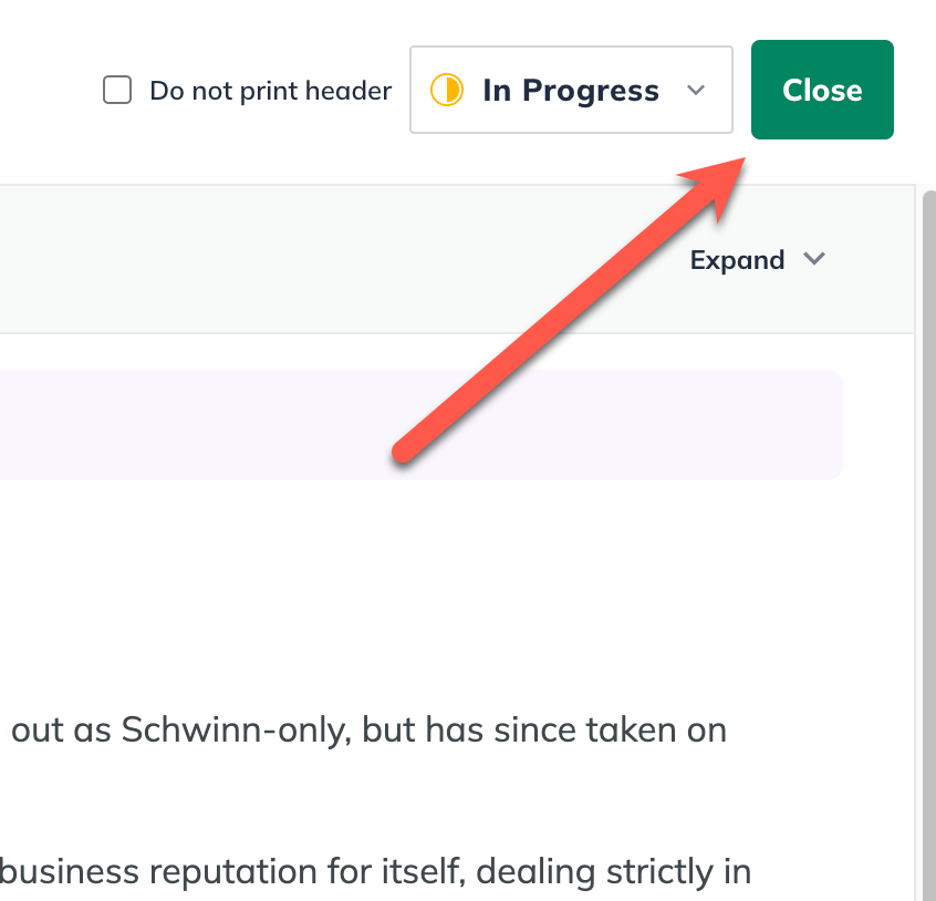 Image: Arrow pointing to Close in plan topic editor