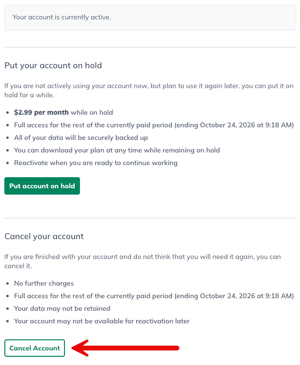 Image: cancel account highlighted