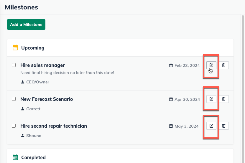 Image: milestones section with edit buttons highlighted