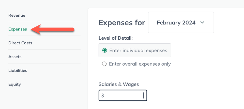 Image: manually entering expenses with expenses highlighted sidebar