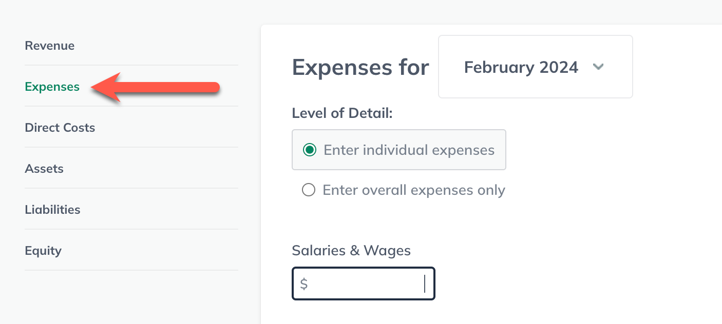 Image: manually entering expenses with expenses highlighted sidebar