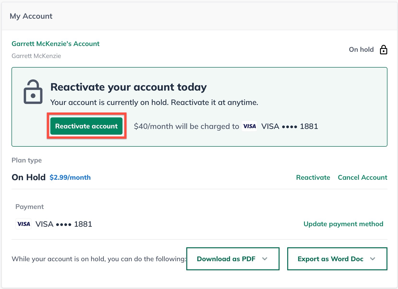 Image: my account reactivate account highlighted