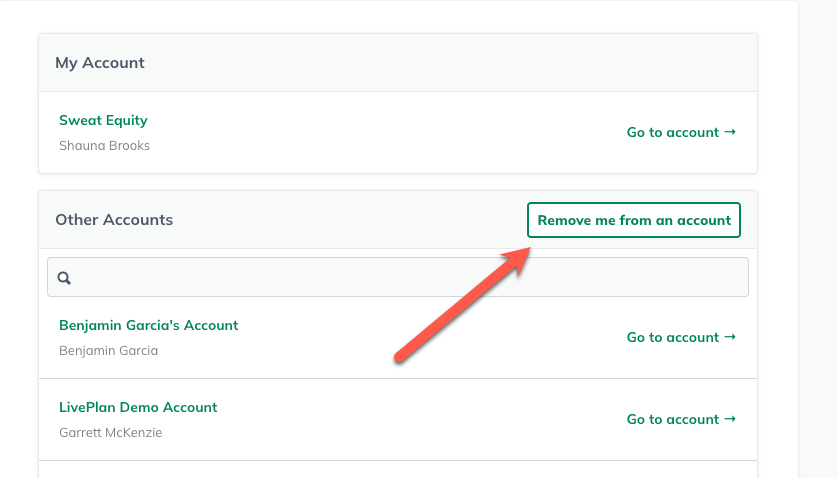 Image: Arrow pointing to remove me from an account button on account menu