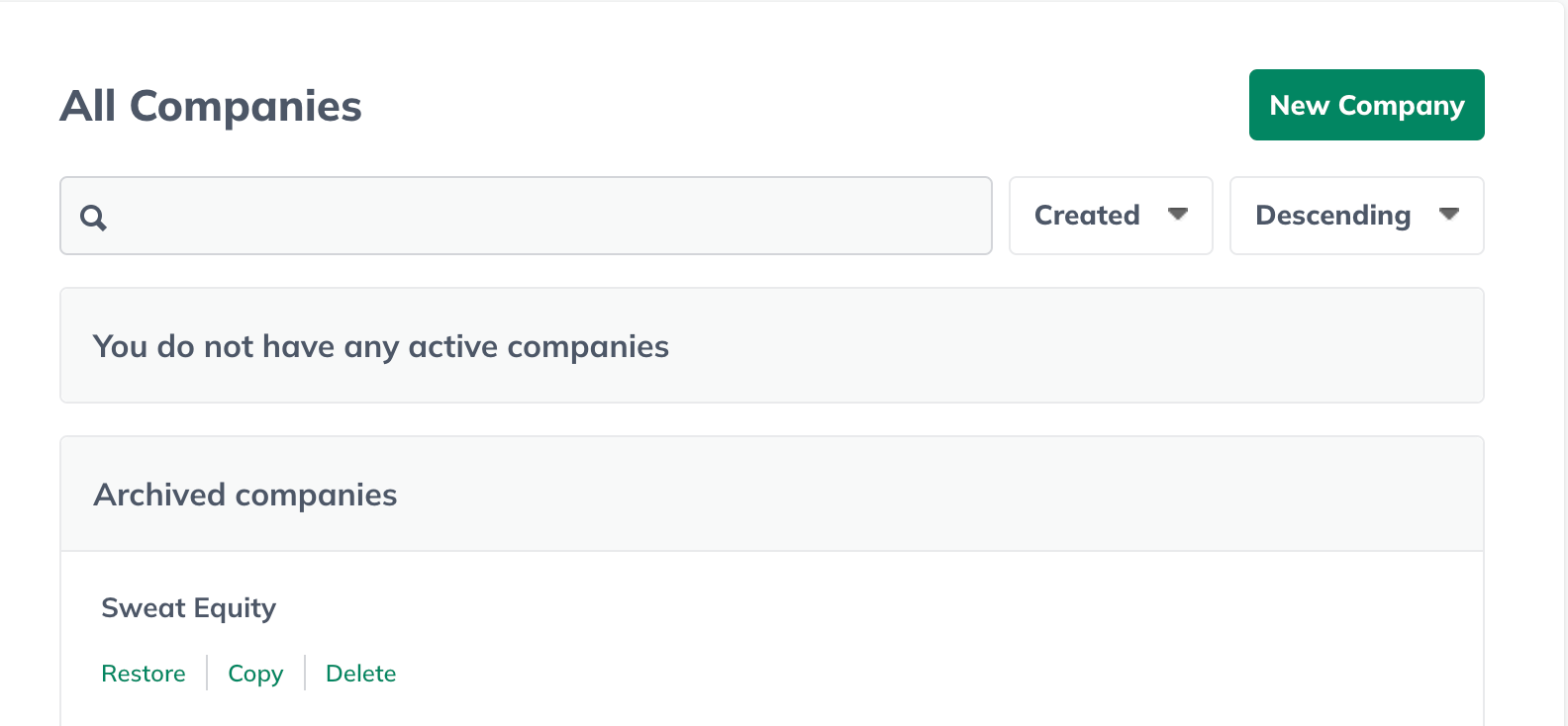 Image: company management screen with no active companies