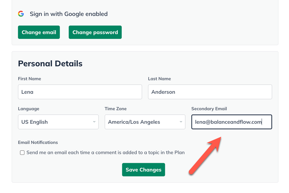 Image: secondary email address entered