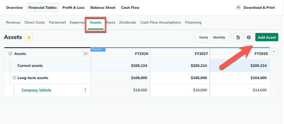 Image: asset table with add asset highlighted