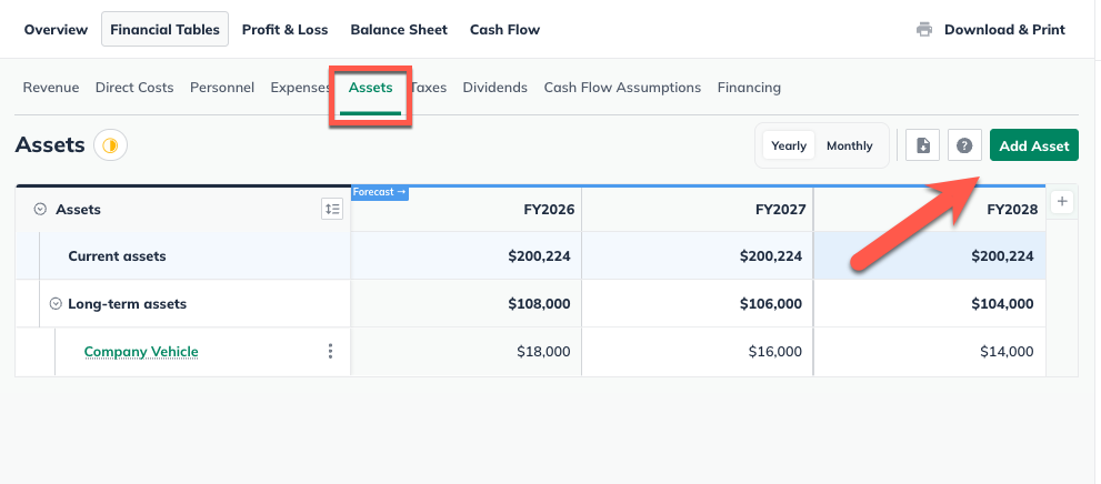 Image: asset table with add asset highlighted