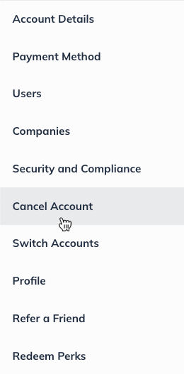 Image: manage account menu cancel highlighted