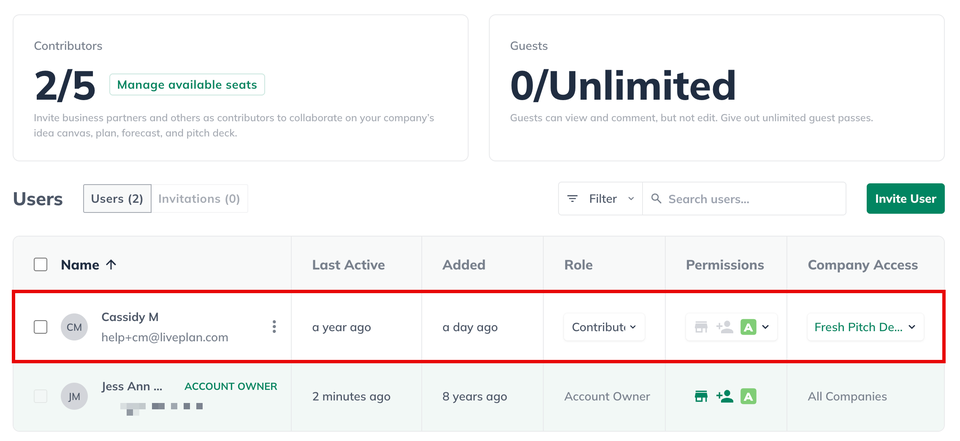 Image: users screen with individual contributor highlighted