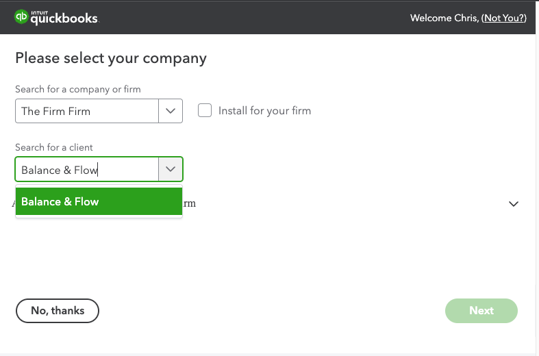 Image: selecting a client in quickbooks online