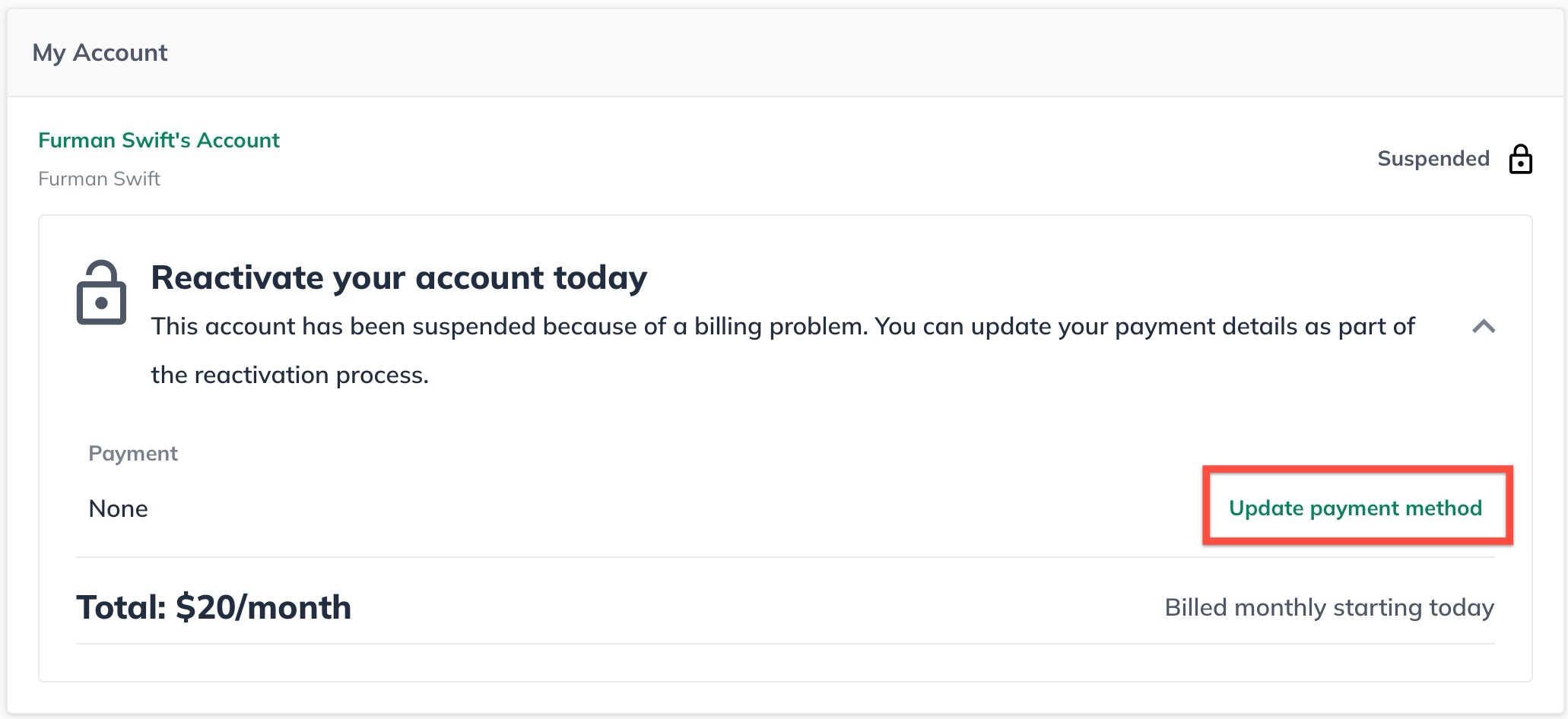 Image: account reactivation update payment highlighted