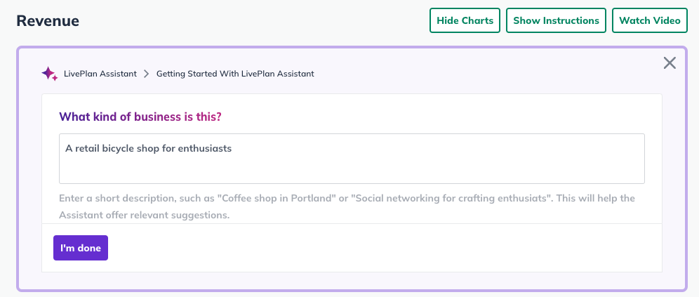 Image: LivePlan assistant business type entry
