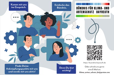 Eine Grafik auf der Menschen mit Sprechblasen abgebildet sind: Komm mit uns ins Gespräch - entdecke das Bündnis - steht unter anderem darauf.