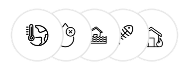 Verschiedene Icons in weißen Kreisen: Ein Thermometer neben der Erde, ein durchgestrichener Wassertropfen, ein Haus im Hochwasser, ein toter Fisch, ein Haus mit Feuer.