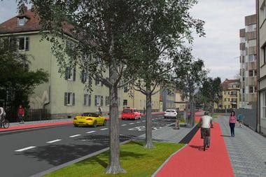 Eine 3D-Visualisierung einer Straße mit Fahrradstraßen.
