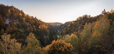 Herbstlicher Wald im Abendlicht, Blick auf Hügel, in der Ferne mittig ein Gebäude.