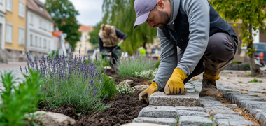 Ein Mensch entfernt Pflastersteine in einer Innenstadt, um Pflanzen in die Erde einzusetzen.