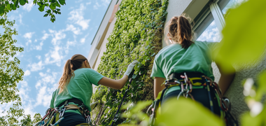 Zwei junge Frauen in Kletterausrüstung schauen die begrünte Fassade einer Hauswand hoch und inspizieren die Pflanzen.
