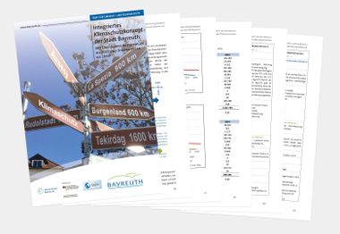 Cover und ein paar Inhaltsseiten des Klimaschutzkonzeptes aufgefächert zur Veranschaulichung.