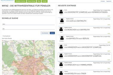 Screenshot der Mitfahrzentrale Bayreuth: Links ist eine Karte zu sehen, rechts Einträge Biete/Suche