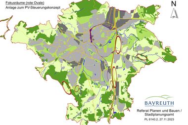 Karte vom Stadtgebiet Bayreuth, Fokusgebiete für Freiflächen-PV sind hervorgehoben.