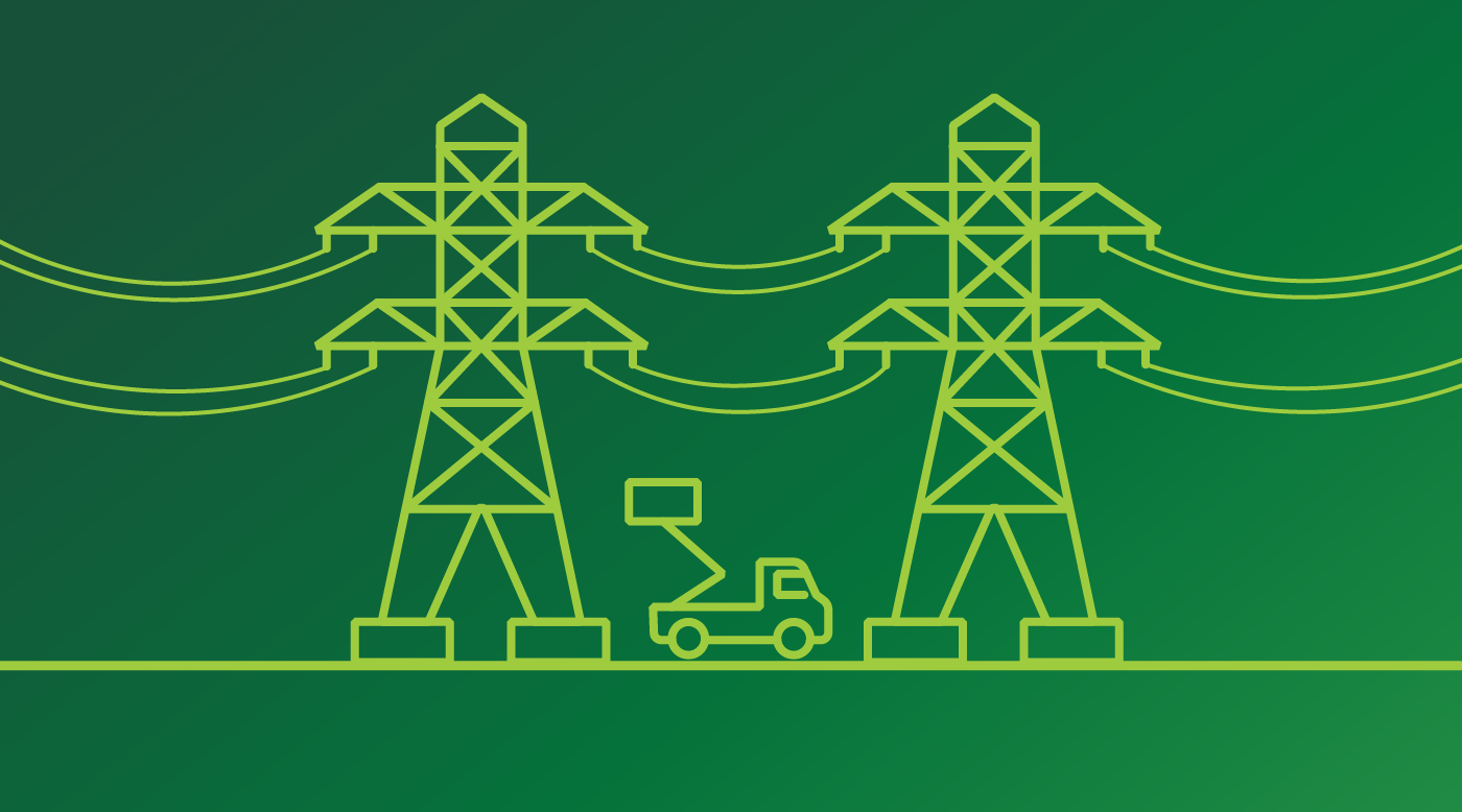 Illustration of two power line towers with a utility truck beneath, set against a green gradient background.