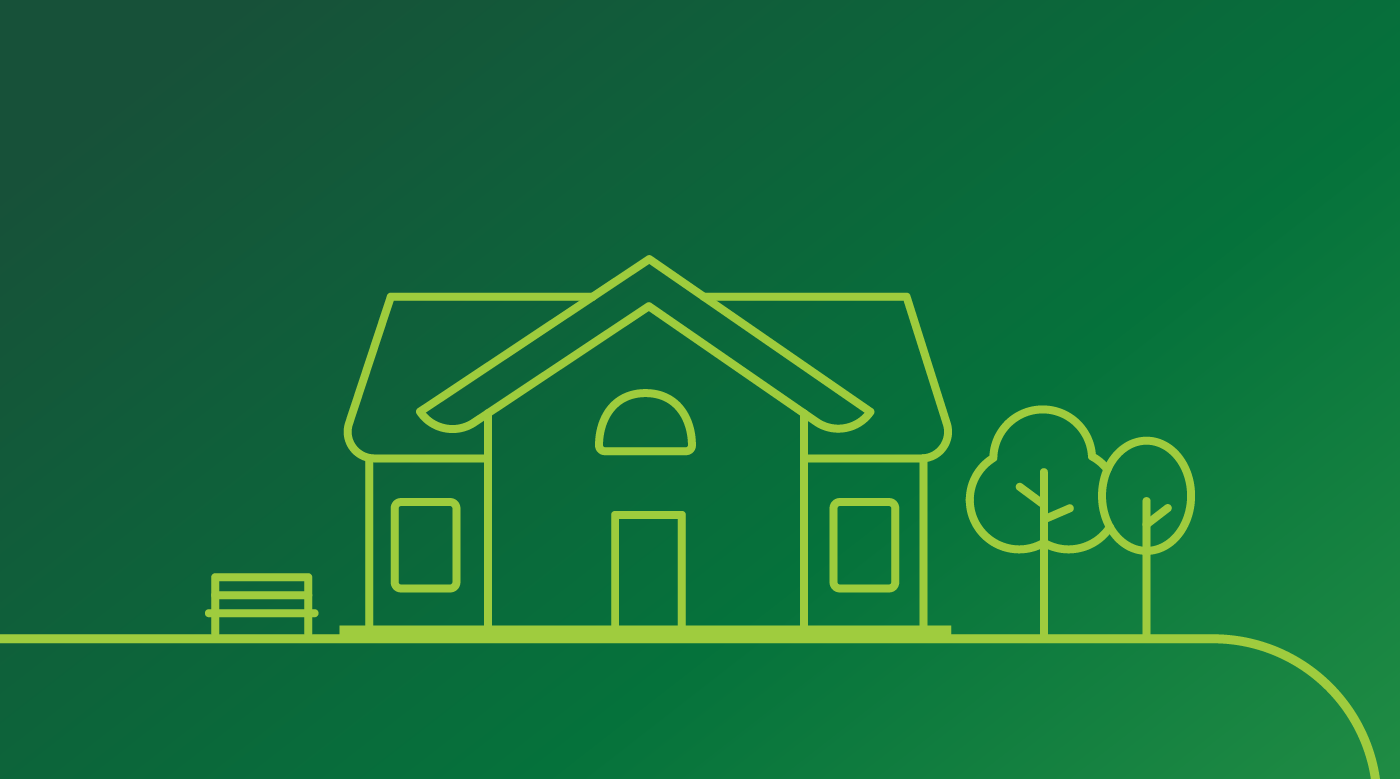 Outline of a house with trees and a bench on a green gradient background.