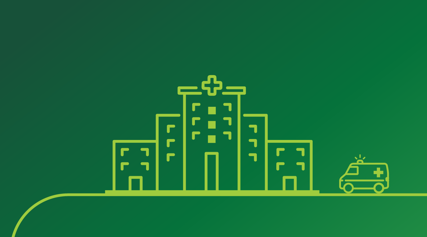 Outline of a hospital building with a cross symbol and an ambulance on a green gradient background.