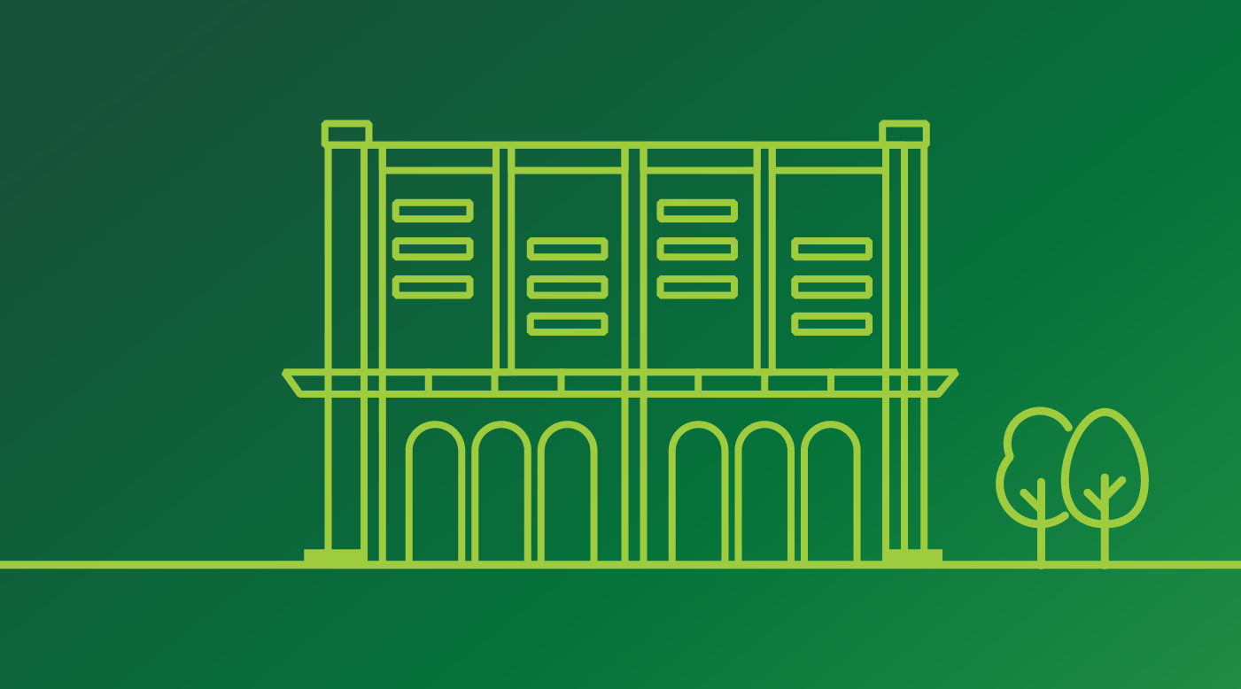 Outline of a building with arched entrances and trees on a green gradient background.