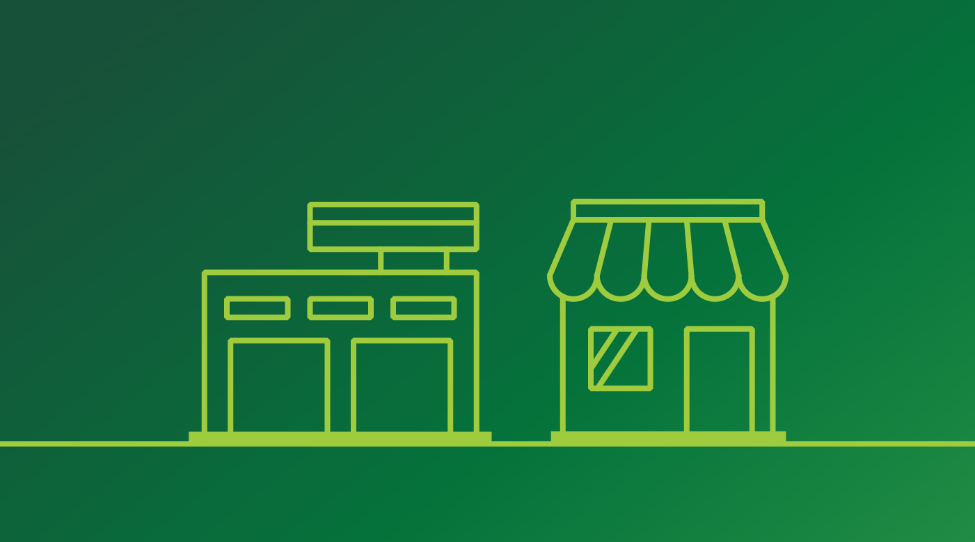 Outline of two storefronts on a green gradient background; one with a flat roof and the other with an awning.