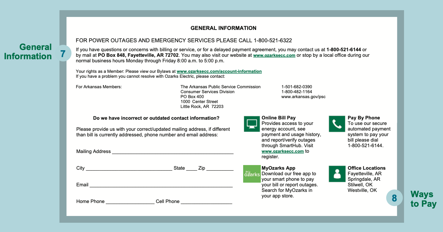 Utility bill information page with contact details, payment options, and a section for updating contact information.