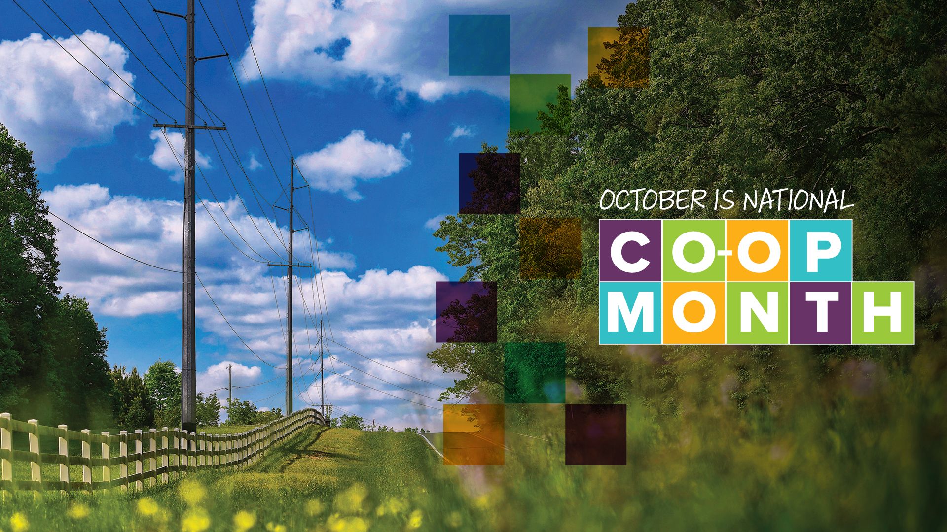 Electric poles and a fence line a grassy field under a blue sky with clouds. Text reads "October is National Co-op Month."