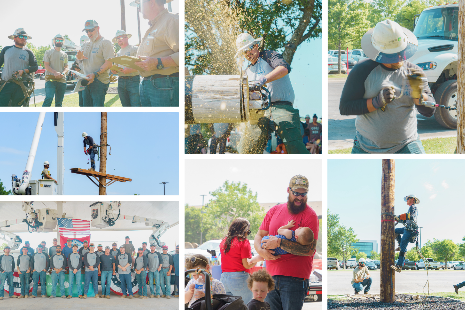 Collage of utility workers engaged in various activities, including using tools, climbing poles, attending an event, and showing teamwork outdoors.