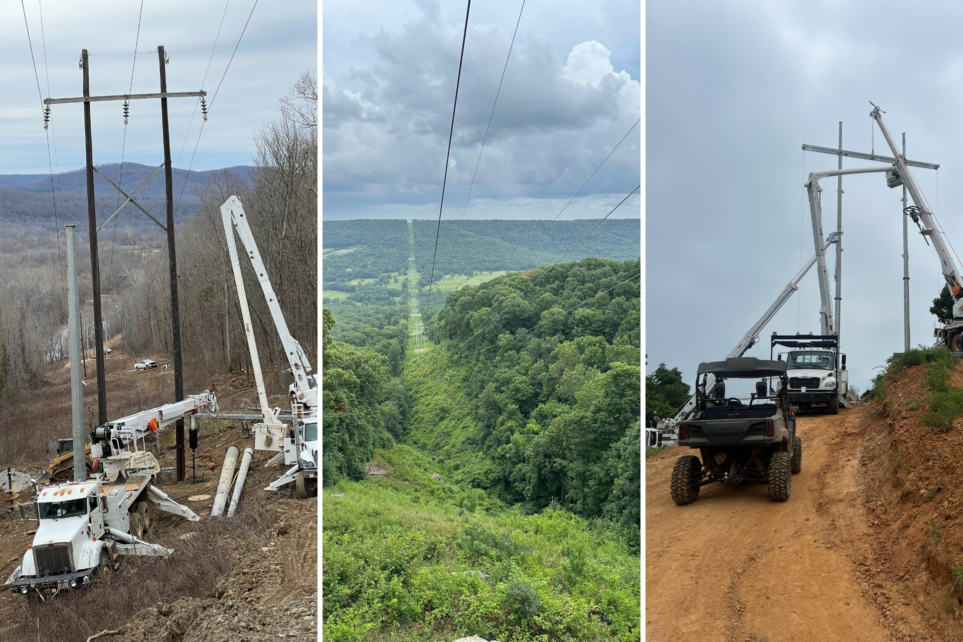 Three images of utility work: left shows cranes installing poles, center shows a green valley with power lines, right shows vehicles lifting a pole.