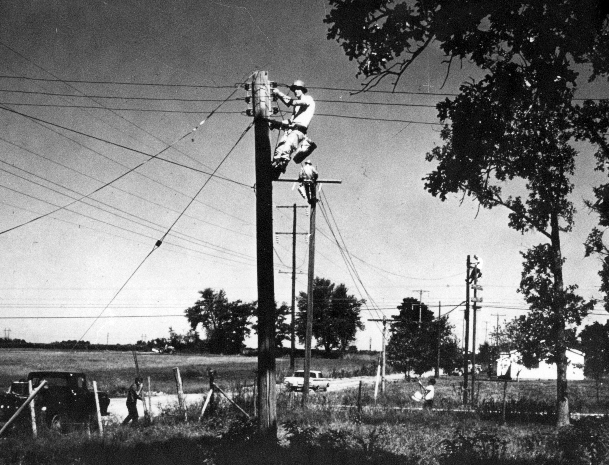 Two workers climb utility poles in a rural area, surrounded by fields and trees, under a clear sky.
