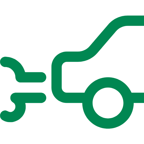 Green icon of a car with exhaust fumes, symbolizing vehicle emissions or environmental impact.