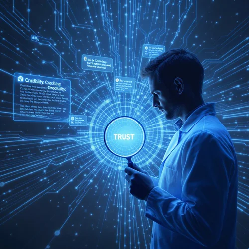 Mann mit Lupe auf dem digital geschriebenen Wort "Trust"