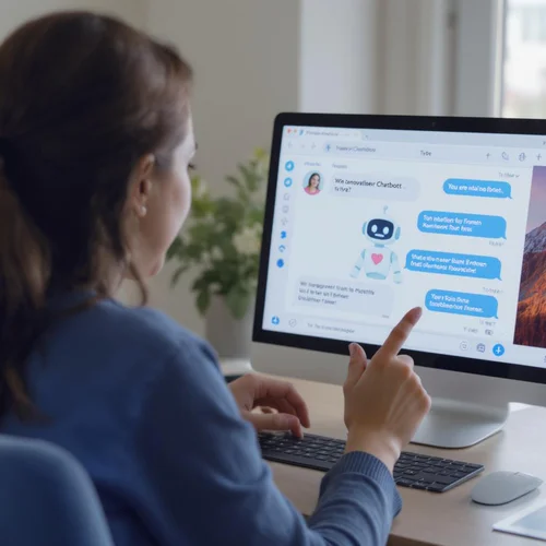 Frau sitzt vor Computerbildschirm mit geöffnetem Chatverlauf