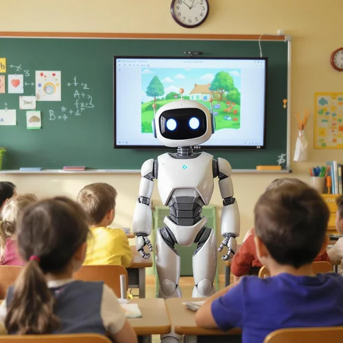 Roboter steht vor Tafel vor SchülerInnen einer Grundschule