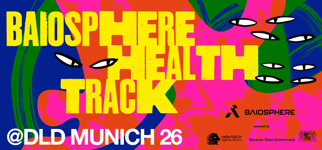 Colorful poster for "Biosphere Health Track" at DLD Munich 26 with eye graphics and logos of sponsoring organizations.