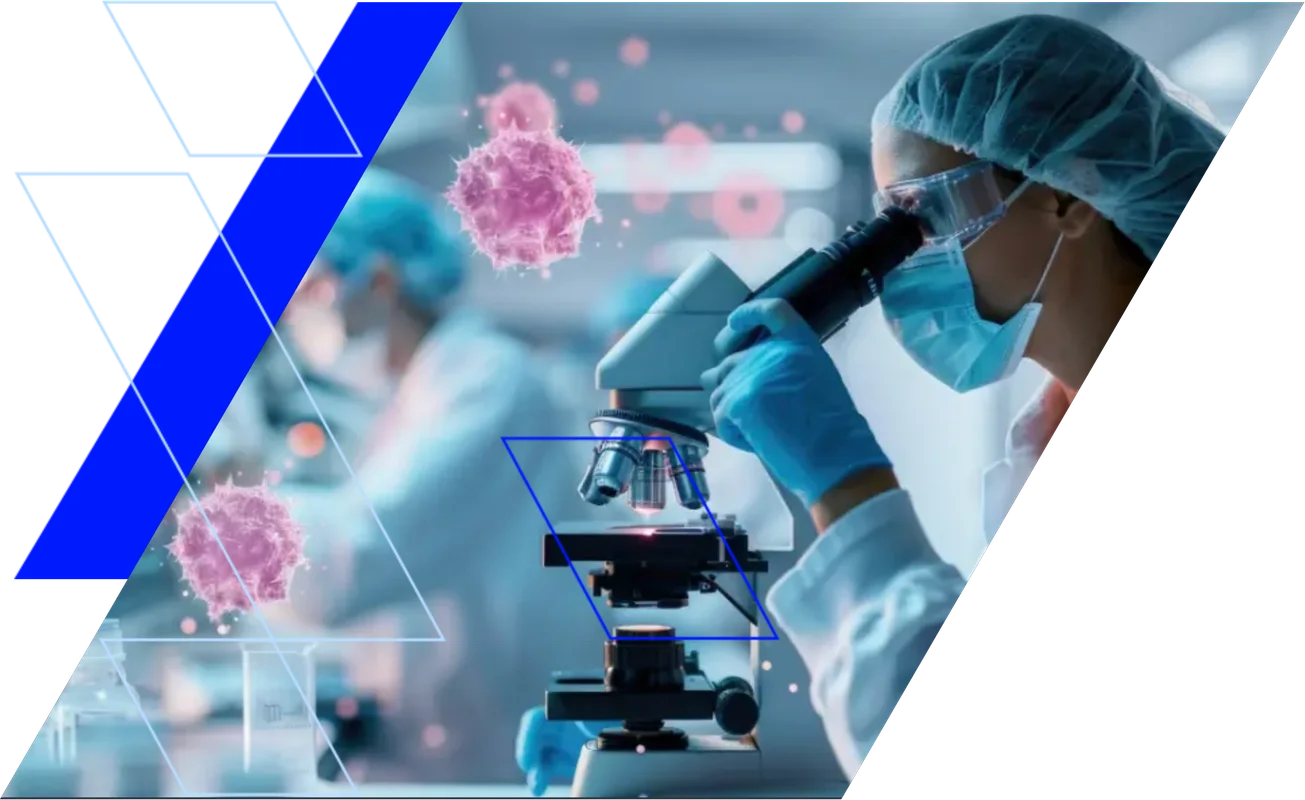 Scientist in protective gear using a microscope, with digital illustrations of viruses and geometric shapes in the foreground.