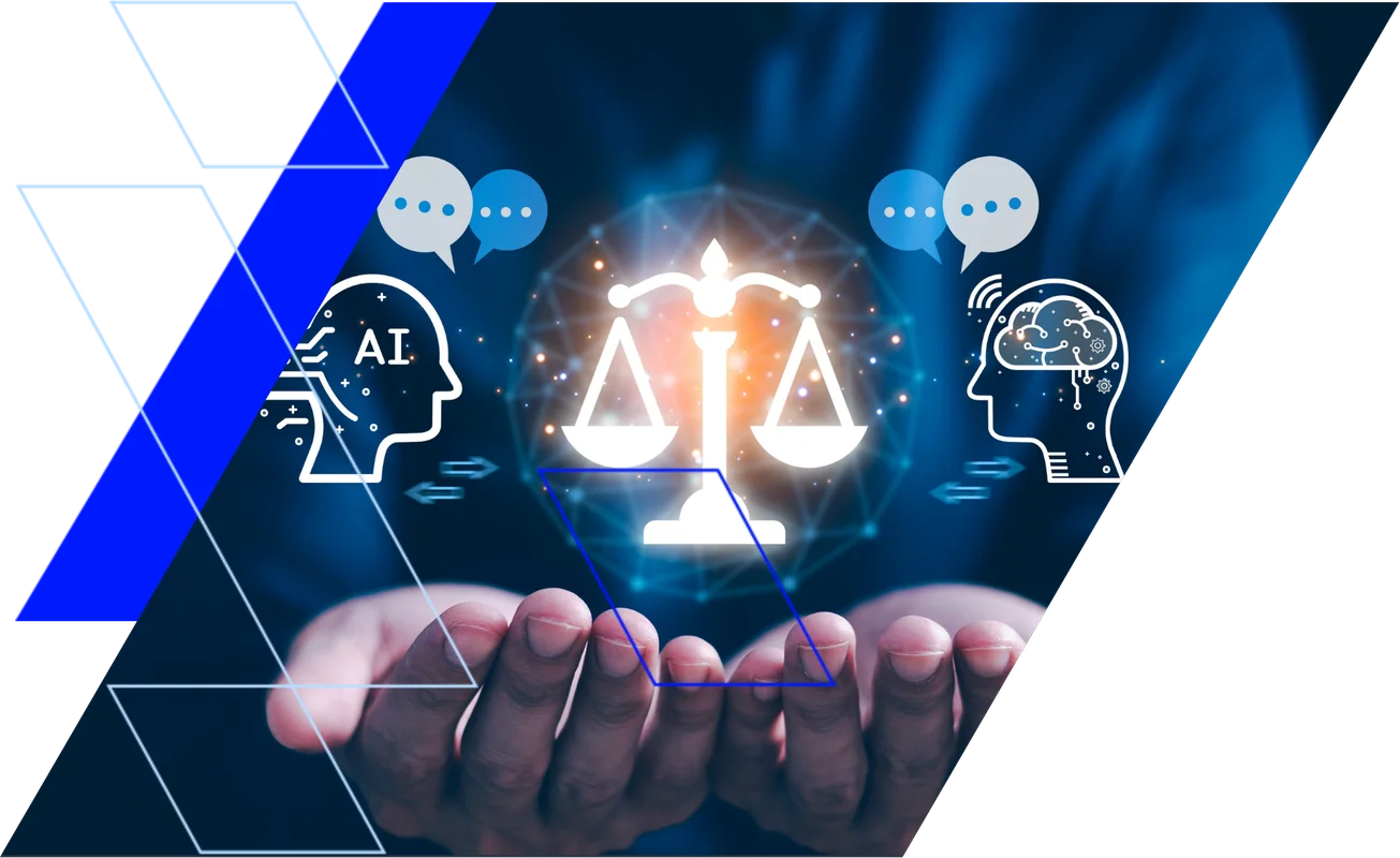 Hands holding digital icons of scales, AI, and brain with speech bubbles, symbolizing AI ethics and decision-making. Blue geometric overlay.