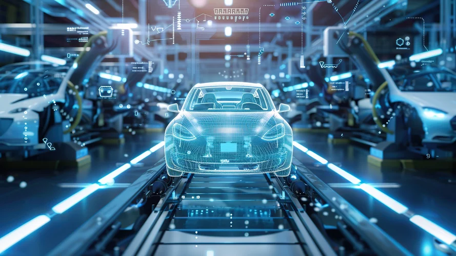 Futuristic car on an automated assembly line, surrounded by digital graphics and robotic arms in a high-tech factory setting.