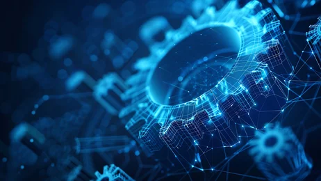 A glowing blue digital gear surrounded by interconnected lines and nodes, symbolizing technology and connectivity.