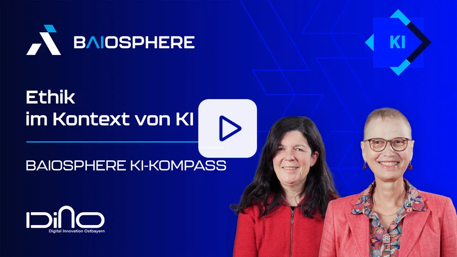Two women smiling, text reads "Ethik im Kontext von KI" with logos of Baiosphere and DiNO. Blue geometric background with a play button symbol.
