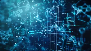 Futuristic digital interface with glowing blue lines, graphs, and molecular structures on a dark background, conveying a high-tech theme.