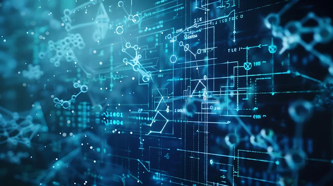 Futuristic digital interface with glowing blue lines, graphs, and molecular structures on a dark background, conveying a high-tech theme.