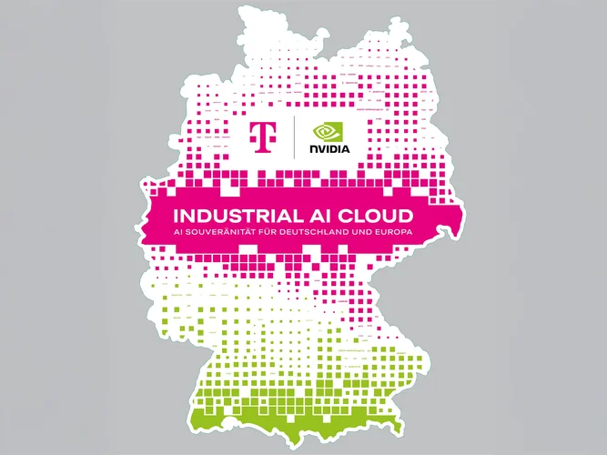 Map of Germany with pixelated design, featuring logos of Deutsche Telekom and Nvidia, and text promoting "Industrial AI Cloud" for Europe.