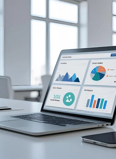 Laptop auf einem Schreibtisch, auf dessen Bildschirm Grafiken und Diagramme angezeigt werden, mit großen Fenstern im Hintergrund und einem Smartphone daneben.