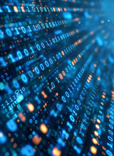 Blue and orange binary code streams diagonally across a digital screen, creating a sense of motion and technology.